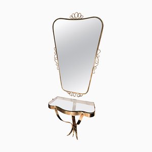 Brass Mirror with Small Console Table, 1950s, Set of 2
