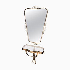 Specchio in ottone con consolle piccola, anni '50