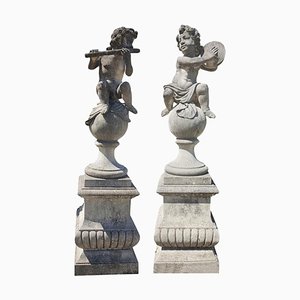 Italian Putto Stone Garden Statues Representing Musicians, Set of 2
