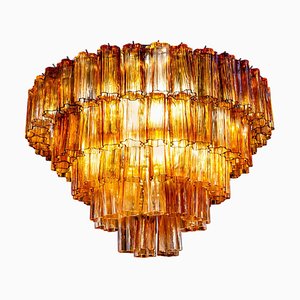 Lámpara de araña moderna de cristal de Murano dorado y ámbar de Venini, 1970