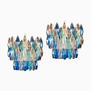 Lampadario Poliedri in vetro di Murano color zaffiro nello stile di Carlo Scarpa