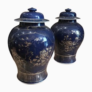 Chinese Powder-Blue Gilt-Decorated Jars, 18th Century, Set of 2