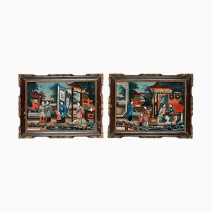 19th Century Chinese Reverse-Painted Mirror Pictures, 1830, Set of 2