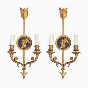 Applique neoclassiche a due luci in bronzo, set di 2