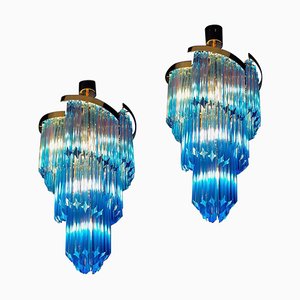 Blue Murano Prism Chandelier with Golden Frame, 1980
