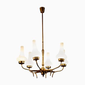 Mid-Century Brass and Murano Glass Chandelier, Italy, 1958