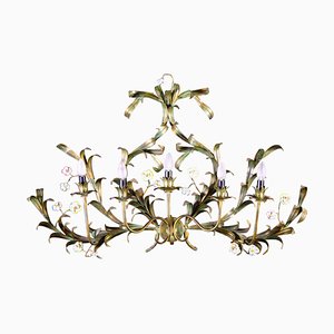Large Italian Tole Leaves Wall Light with Colorful Porcelain Flowers, 1970