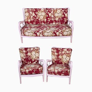 Butacas italianas en rosa y sofá de Paolo Buffa, años 50. Juego de 3