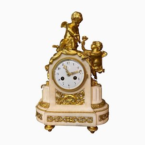 Horloge de Cheminée en Marbre Blanc Doré, France, 19ème Siècle