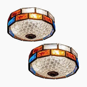Mid-Century Italian Iron and Colorful Murano Glass Ceiling Light