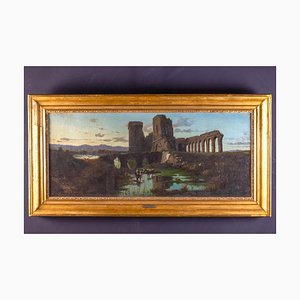 Paesaggio romano con acquedotto e ruderi, olio su tela, 1870
