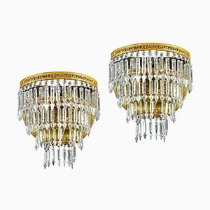Crystal and Brass Scones or Wall Lights Italy, 1940s, Set of 2