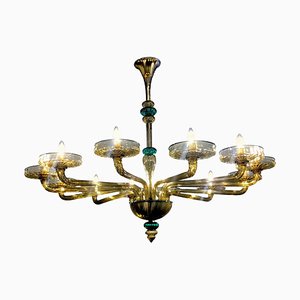 Murano Chandelier in Amber and Emerald Hand Blown Glass from Venini, 1960s