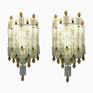 Glass Blocks with Gold Tulip Sconces from Barovier & Toso, 1940s, Set of 2