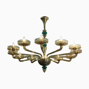 Murano Chandelier in Amber and Emerald Hand Blown Glass from Venini, 1960s