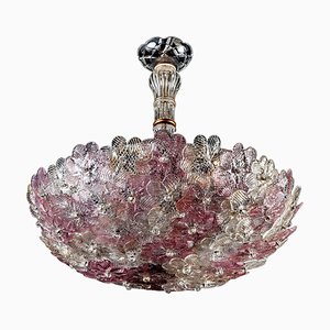 Venetian Pink and Gilt Flower Glass Chandelier by Barovier E Toso, 1950s