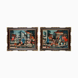 19th Century Chinese Reverse-Painted Mirror Pictures, Set of 2