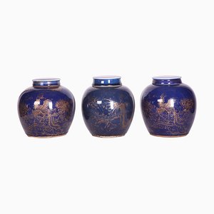 Late-18th Century Chinese Blue-Glazed & Gilt Porcelain Ginger Jars, Set of 3