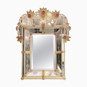 Miroir Vénitien en Verre de Murano avec Fleurs Roses