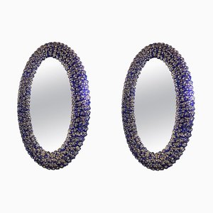 Espejos ovalados con flores de cristal de Murano azul. Juego de 2