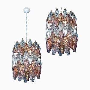 Pink and Light Blue Poliedri Chandeliers, 1970, Set of 2