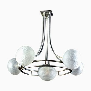 Lampadario Mid-Century in vetro di Murano e metallo cromato, anni '60