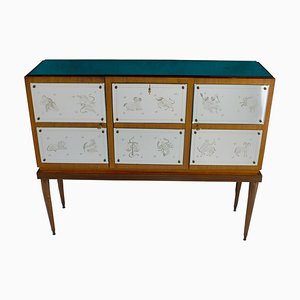 Bar Cabinet with Zodiac Etched Mirrored Glass in the Style of Gio Ponti