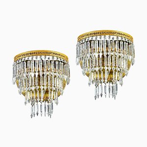 Crystal and Brass Sconces or Wall Lights, Italy, 1940s, Set of 2