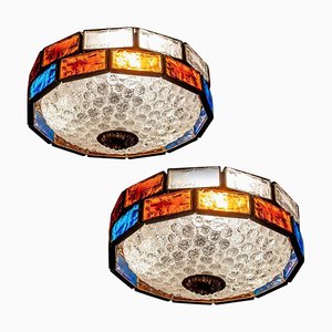 Mid-Century Italian Iron and Colorful Murano Glass Ceiling Lights or Flush Mounts, Set of 2