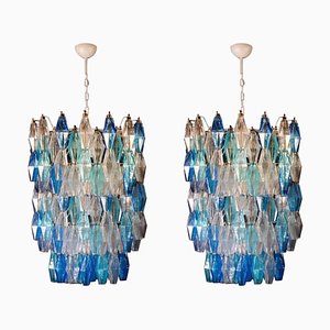 Large Sapphire Murano Glass Poliedri Chandelier in the Style of C. Scarpa