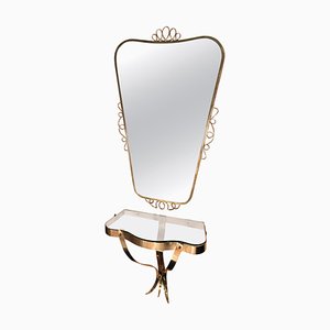 Specchio in ottone con consolle piccola nello stile di Gio Ponti, anni '50, set di 2
