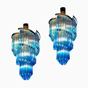 Blue Murano Prism Chandeliers with Golden Frame, 1980s, Set of 2