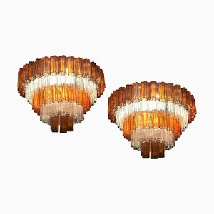Amber and Ice Color Murano Glass Chandeliers or Flush Mounts, 1970, Set of 2