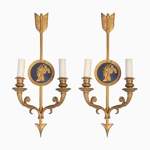 Applique neoclassiche a due luci in bronzo, set di 2