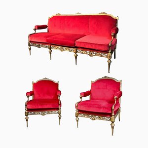 Mid-Century Italian Brass and Red Velvet Living Room Set, 1950