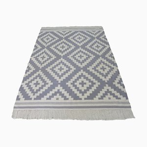 Handwoven Wool Gray Kilim Carpet with Geometric Pattern