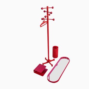 Hallway Coat Rack with Mirror, Storage and Umbrella Stand in Red, 1970s, Set of 4