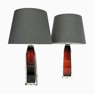 Red Glass Table Lamp Pair by Carl Fagerlund for Orrefors, Sweden 1960s