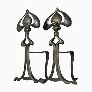 French Bronze Art Deco Fireplace Andirons, 1920s, Set of 2
