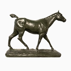 M. de Mathelin, Horse Walking in Bronze with Green Patina, 1900s