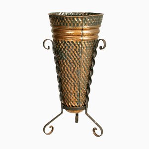 Hand-Embossed Umbrella Stand in Burnished Brass and Wrought Iron, 1940s