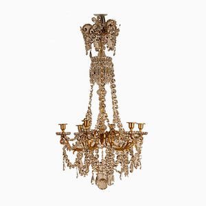 French Napoleonic Beaded 6 Light Candle Chandelier in Mercury Bronze & Baccarat Crystal