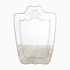 Shaped Mirror with Brass Frame and Screen-Printed Decoration by Giovanni Gariboldi, 1940s