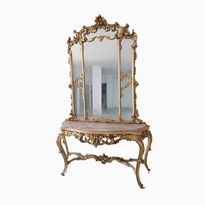 Italian Baroque Console with Mirror & Marble Top, 1900s, Set of 2
