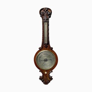Barómetro victoriano antiguo de madera nudosa de nogal