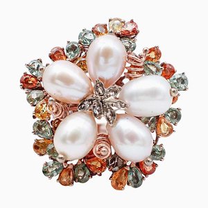 Multicolor Sapphires, Diamonds, Pearls, 9 Karat Rose Gold and Silver Ring
