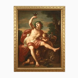 Antique Italian Mythological Bacchus and Love Painting, 17th Century