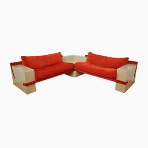 White Lacquered Modular Sofa with Orange Fabric, Set of 17