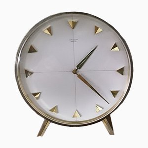 Reloj de mesa Meister mecánico vintage de latón con esfera de aluminio cepillado de Junghans, años 60