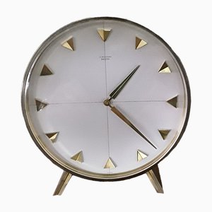 Vintage Mechanical Meister Table Clock in Brass with Brushed Aluminum Dial from Junghans, 1960s